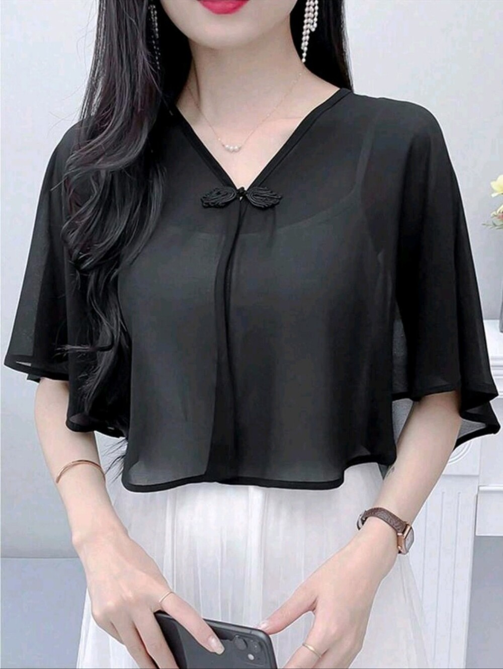 Shein 1pc Black Chiffon Sunscreen Shawl ForWomen, Vintage Open Front Cape